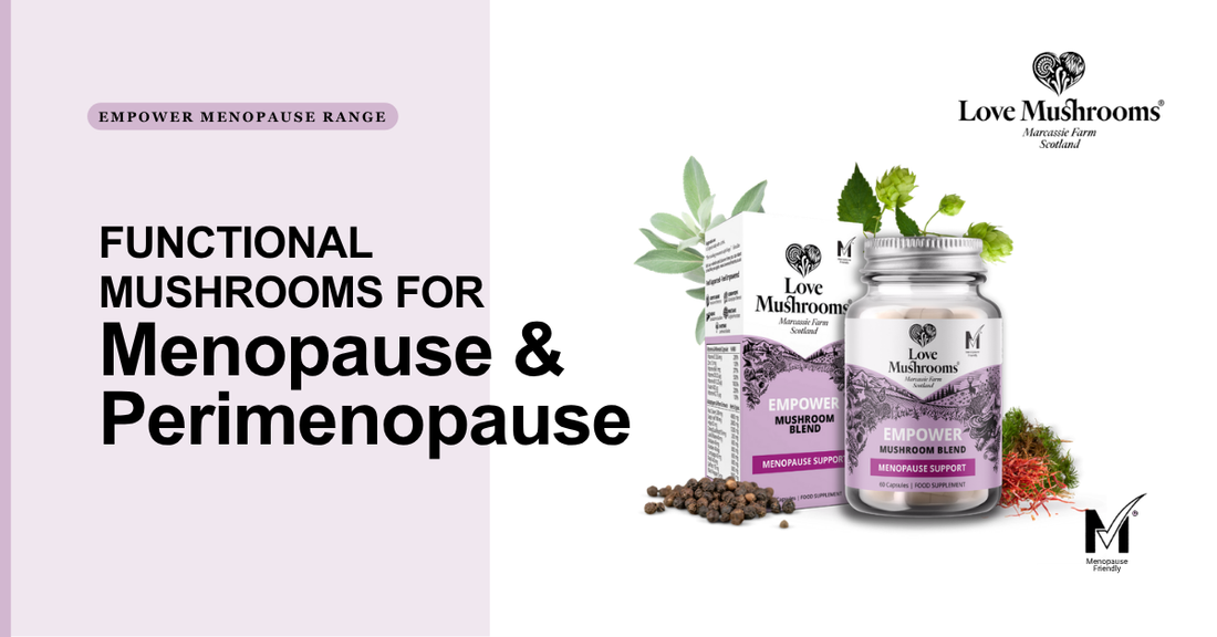 Love Mushrooms Empower Menopause Support products and Decaf Coffee Boost shown beside a woman holding a cup, with mushrooms and botanicals in the background.