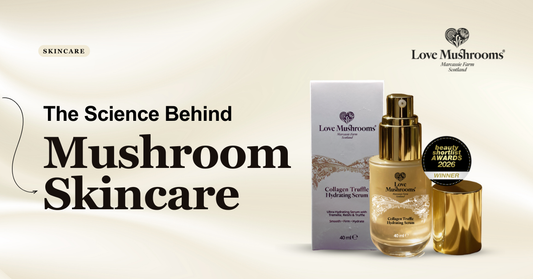 Love Mushrooms skincare range shown with Collagen Truffle Face Masks, Hydrating Serum, Vegan Collagen capsules and skincare products.