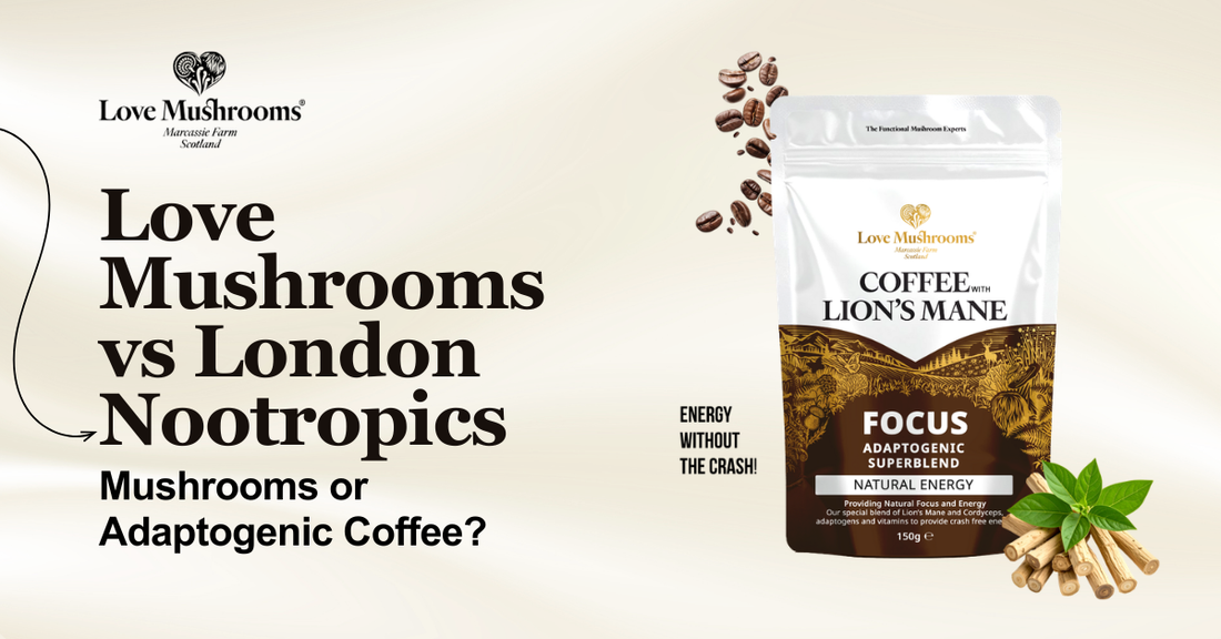 Love Mushrooms vs London Nootropics comparison featuring Love Mushrooms Lion’s Mane adaptogenic coffee.