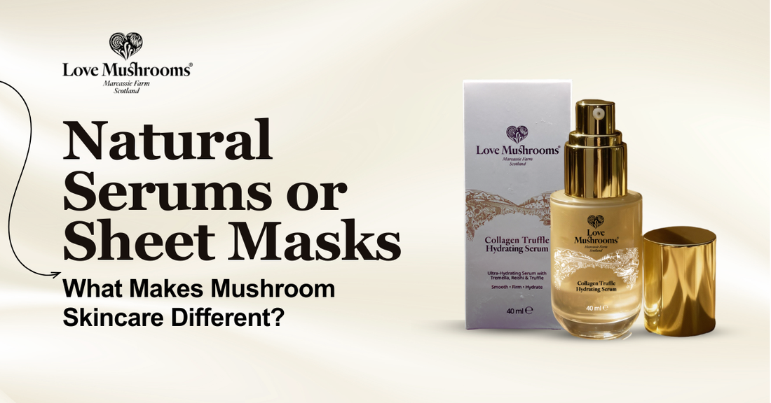 Love Mushrooms Collagen Truffle Hydrating Serum featured alongside the title Natural Serums or Sheet Masks.