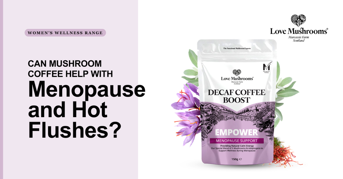 Love Mushrooms blog graphic asking if mushroom coffee can help with menopause and hot flushes, featuring Decaf Coffee Boost Empower packaging.
