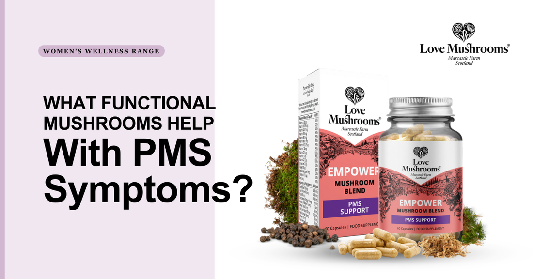 Love Mushrooms blog graphic asking what functional mushrooms help with PMS symptoms, featuring Empower Mushroom Blend PMS support packaging and capsules