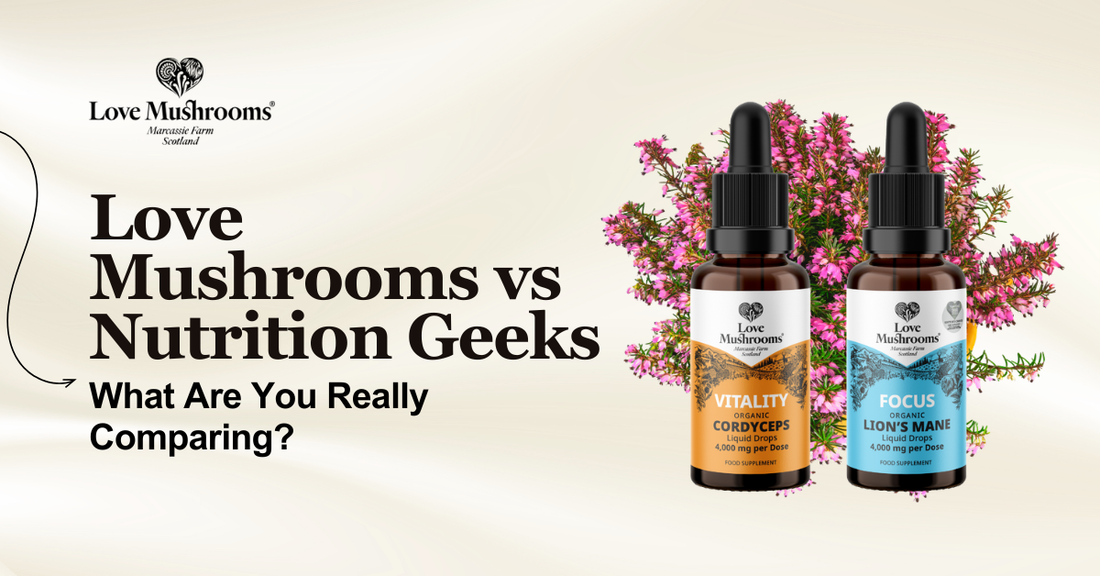 Love Mushrooms vs Nutrition Geeks comparison graphic featuring Cordyceps and Lion’s Mane liquid drops.