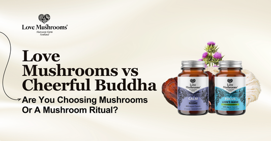 Love Mushrooms vs Cheerful Buddha comparison graphic featuring Reishi and Lion’s Mane with Ashwagandha capsules.