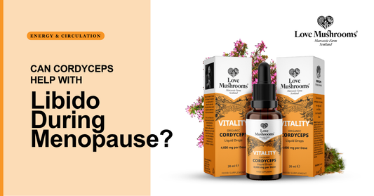 Love Mushrooms Cordyceps liquid drops with product packaging beside the text “Can Cordyceps help with libido during menopause?”