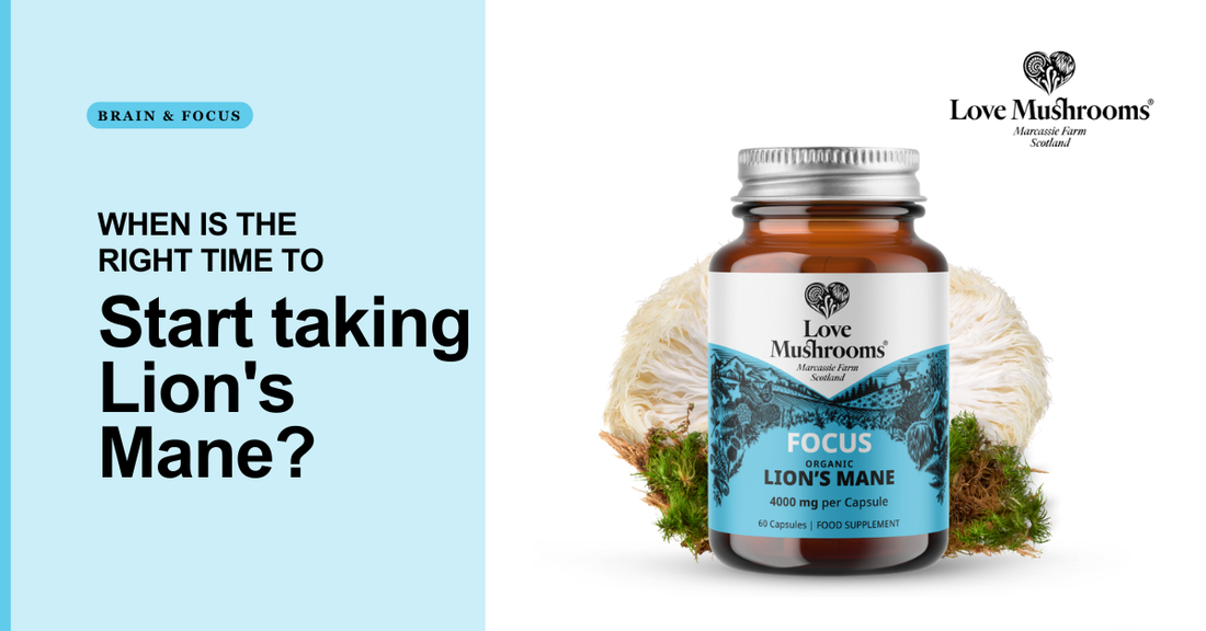 Love Mushrooms Organic Lion’s Mane capsules displayed with Lion’s Mane mushrooms beside the question “When is the right time to start taking Lion’s Mane?”