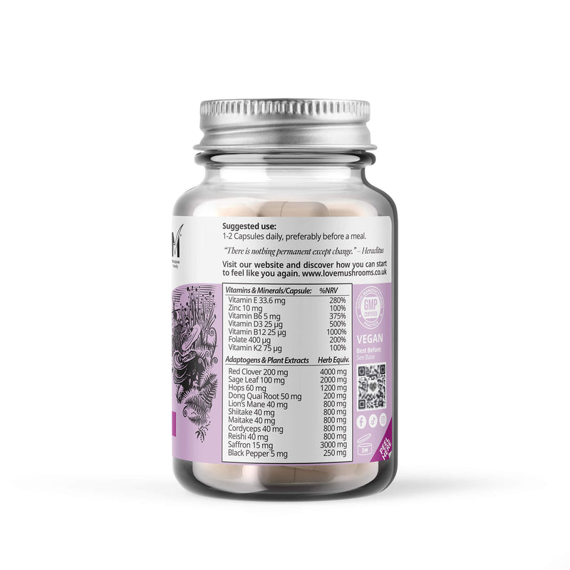 Image of Love Mushrooms Empower Menopause 60 capsules, highlighting the product's potency and potential cognitive benefits.