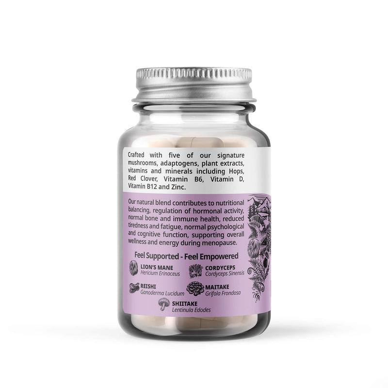 Image of Love Mushrooms Empower Menopause 60 capsules, highlighting the product's potency and potential cognitive benefits.