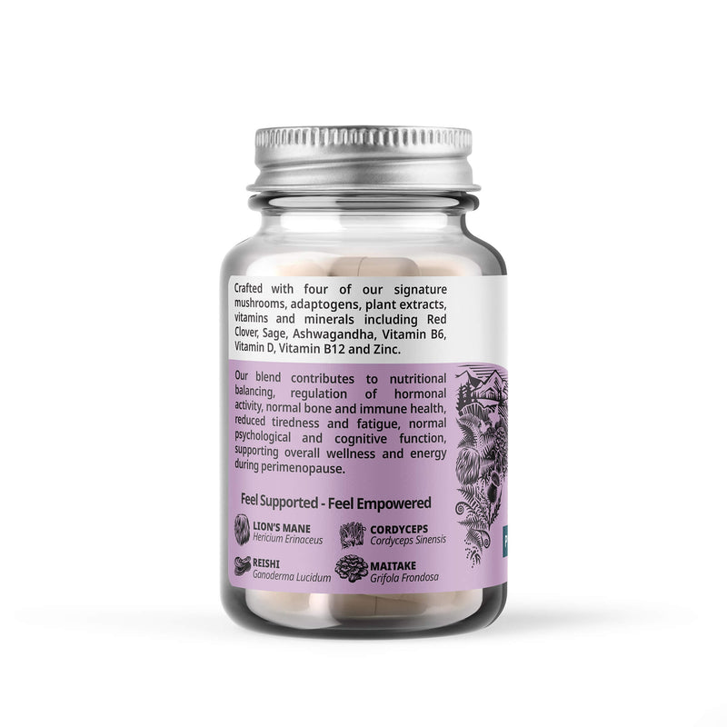 Image of Love Mushrooms Empower Perimenopause 60 capsules, highlighting the product's potency and potential cognitive benefits.