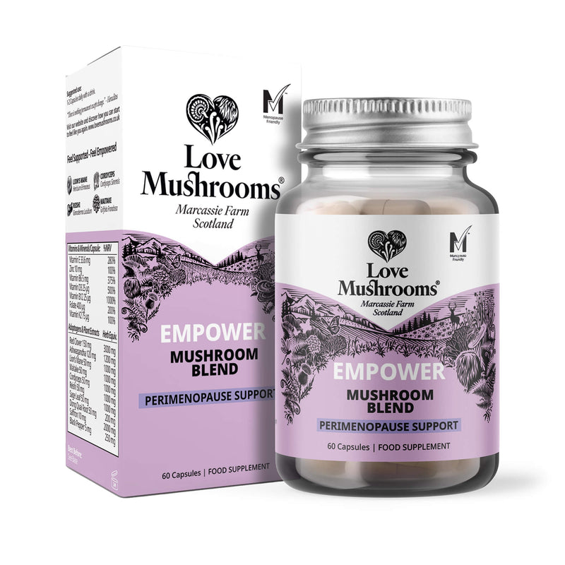 Image of Love Mushrooms Empower Perimenopause 60 capsules, highlighting the product's potency and potential cognitive benefits.