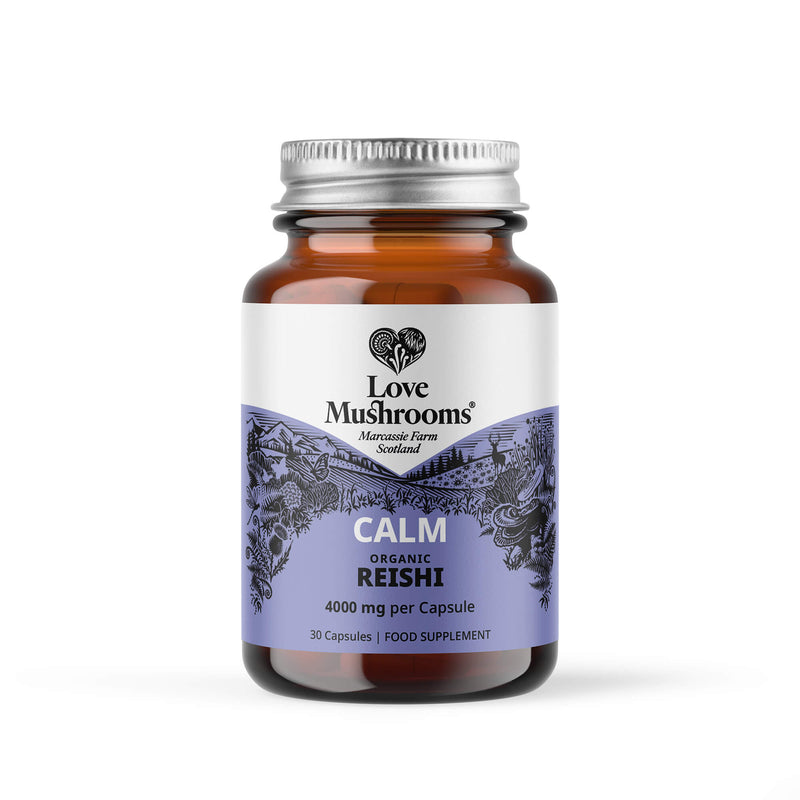 Image of Love Mushrooms Reishi 30 capsules, emphasizing the product's purity and potential wellness benefits.