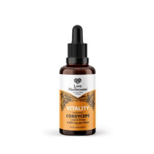 Bottle of Cordyceps 50ml supplement isolated on a white background, highlighting its quality and potential health benefits.