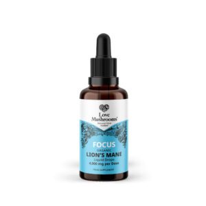 Bottle of Lion's Mane 50ml supplement isolated on a white background, showcasing its purity and potential cognitive benefits."