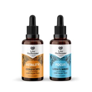 Bottles of Cordyceps and Lion's Mane 50ml supplements arranged on a white background, highlighting their purity and quality.