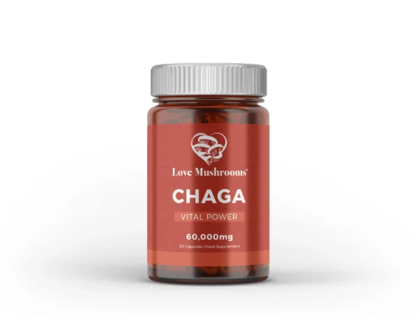Image of Love Mushrooms Chaga capsules, showcasing the product's quality and potential health benefits.