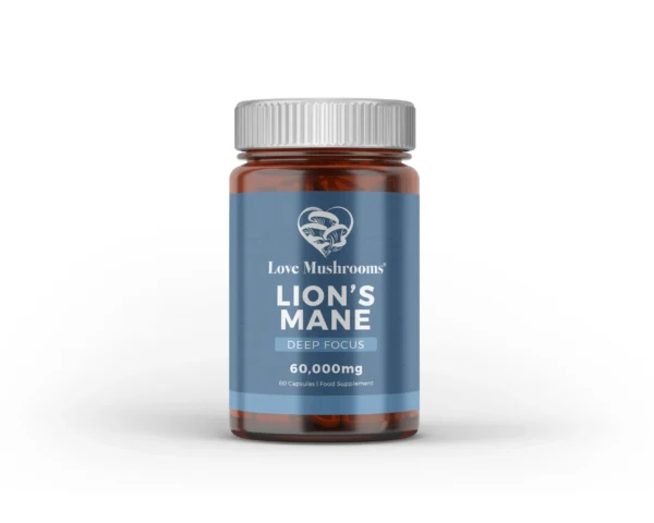 Image of Love Mushrooms Lion's Mane capsules, highlighting the product's potency and potential cognitive benefits.