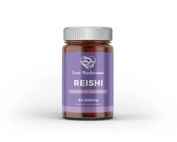 Image of Love Mushrooms Reishi capsules, emphasizing the product's purity and potential wellness benefits.