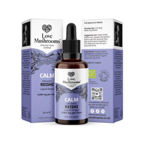 Bottle of Reishi supplement with it's packaging isolated on a white background, emphasizing its quality and health benefits.