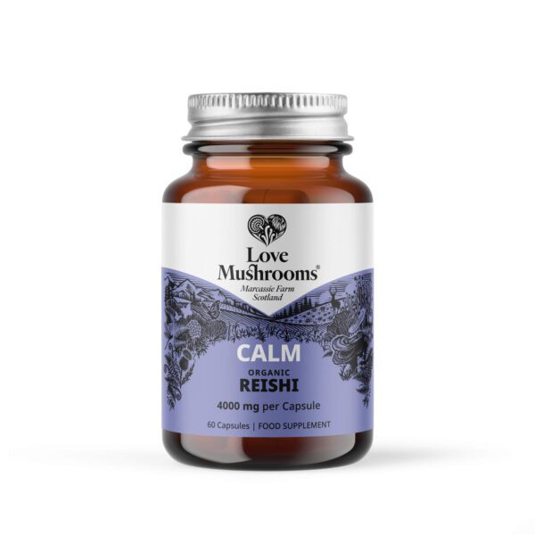 Image of Love Mushrooms Reishi 60 capsules, emphasizing the product's purity and potential wellness benefits.