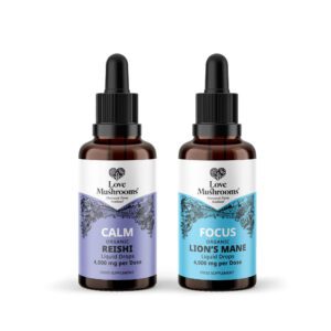 Bottles of Reishi and Lion's Mane 50ml supplements arranged on a white background, emphasizing their quality and health benefits.