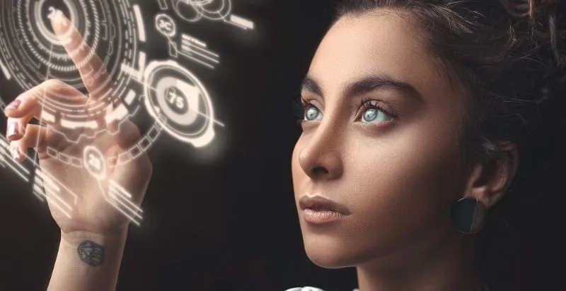 Futuristic cyber cityscape with text announcing mushroom blog, blending tech and wellness.