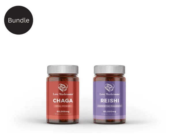 Mushroom capsules, Chaga, Reishi with fresh mushrooms on white background.