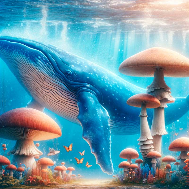 Blue whale and mushroom forest depict marine and land ecosystem harmony.