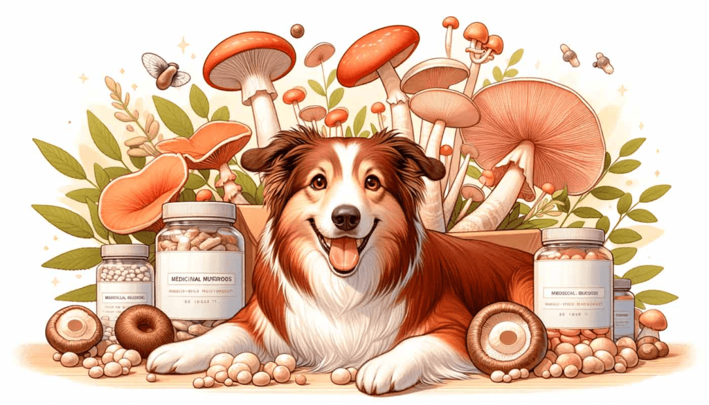 Relaxed dog, colorful mushrooms, grassy field, sunny sky.