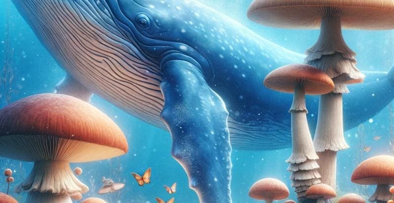 whales and mushrooms in the ocean