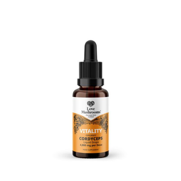 Bottle of Cordyceps 30ml supplement isolated on a white background, highlighting its quality and potential health benefits.