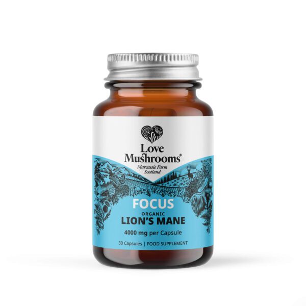 Image of Love Mushrooms Lion's Mane 30 capsules, highlighting the product's potency and potential cognitive benefits.