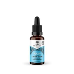 Bottle of Lion's Mane 30ml supplement isolated on a white background, showcasing its purity and potential cognitive benefits."