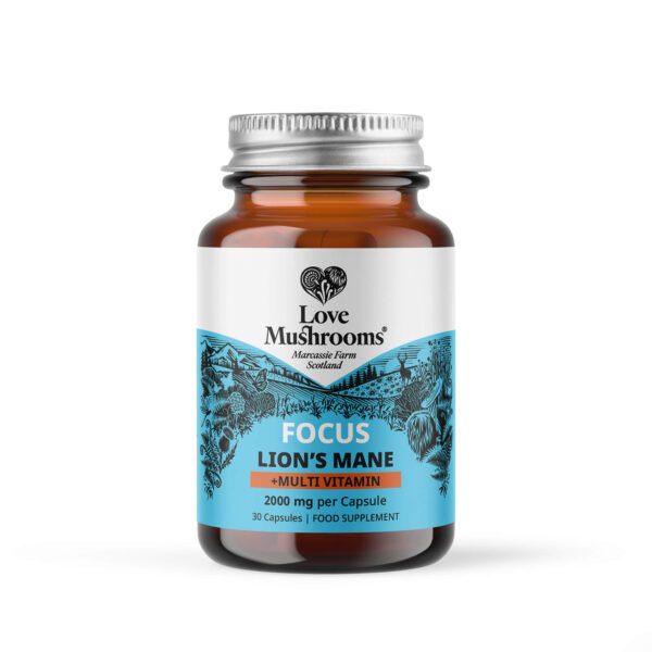 Image of Love Mushrooms Lion's Mane + Multivitamin 30 capsules, highlighting the product's potency and potential cognitive benefits.