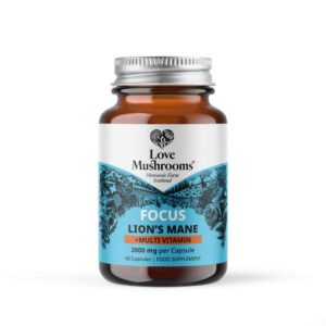 Image of Love Mushrooms Lion's Mane + Multivitamin 60 capsules, highlighting the product's potency and potential cognitive benefits.