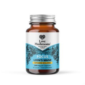 Image of Love Mushrooms Lion's Mane + Vitamin D3 & Zinc 30 capsules, highlighting the product's potency and potential cognitive benefits.