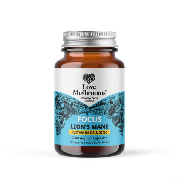 Image of Love Mushrooms Lion's Mane + Vitamin D3 & Zinc 30 capsules, highlighting the product's potency and potential cognitive benefits.