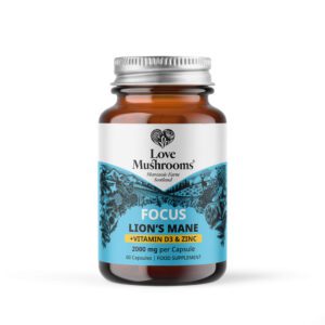 Image of Love Mushrooms Lion's Mane + Vitamin D3 & Zinc 60 capsules, highlighting the product's potency and potential cognitive benefits.