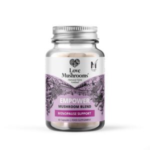 Image of Love Mushrooms Empower Menopause 60 capsules, highlighting the product's potency and potential cognitive benefits.