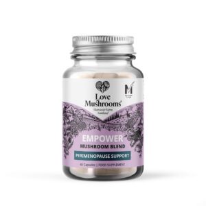 Image of Love Mushrooms Empower Perimenopause 60 capsules, highlighting the product's potency and potential cognitive benefits.