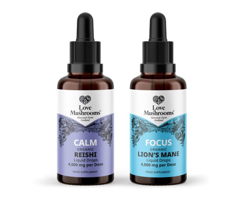 Bottles of Cordyceps and Lion's Mane supplements on white background showcase purity, quality.
