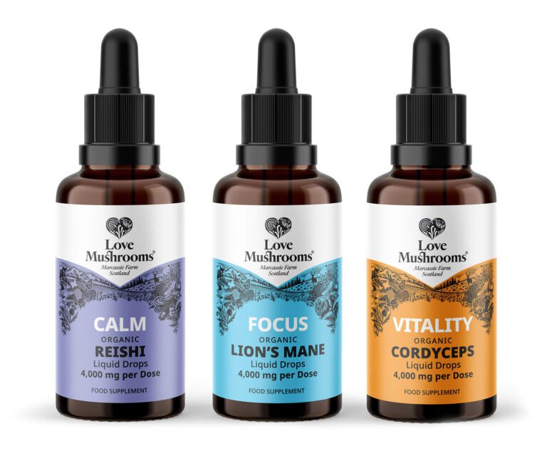Love Mushrooms Reishi. Lion's Mane and Cordyceps Tinctures