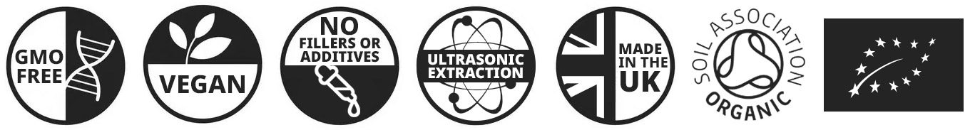 NON GMO - VEGAN - Made in the UK - No Fillers No Additives - Ultrasonic Extraction - Organic Soil Association - EU Organic