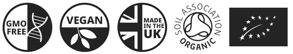 NON GMO - VEGAN - Made in the UK - Organic Soil Association - EU Organic