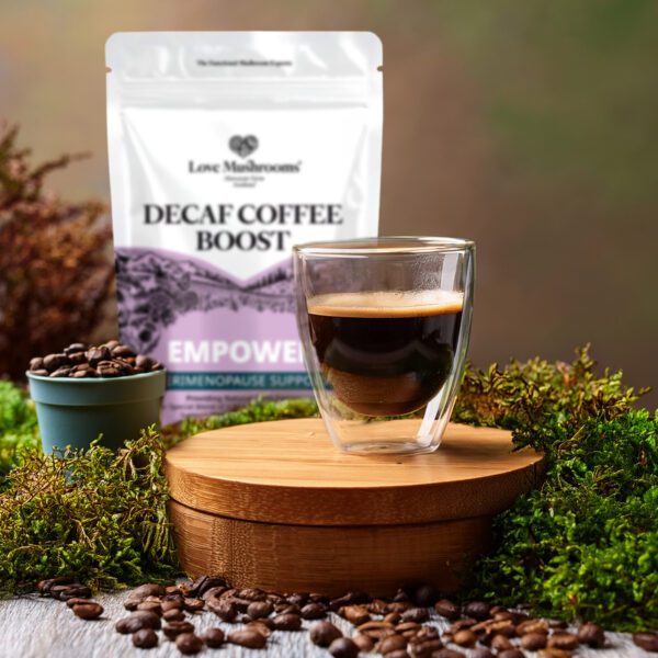 LoveMushrooms Perimenopause Decaf Coffee Pouch and Coffee Glass
